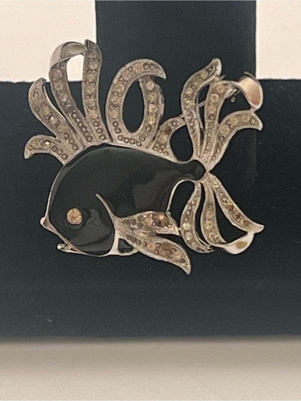 Black Enamel Fish Brooch with Sparkling Crystal Fins